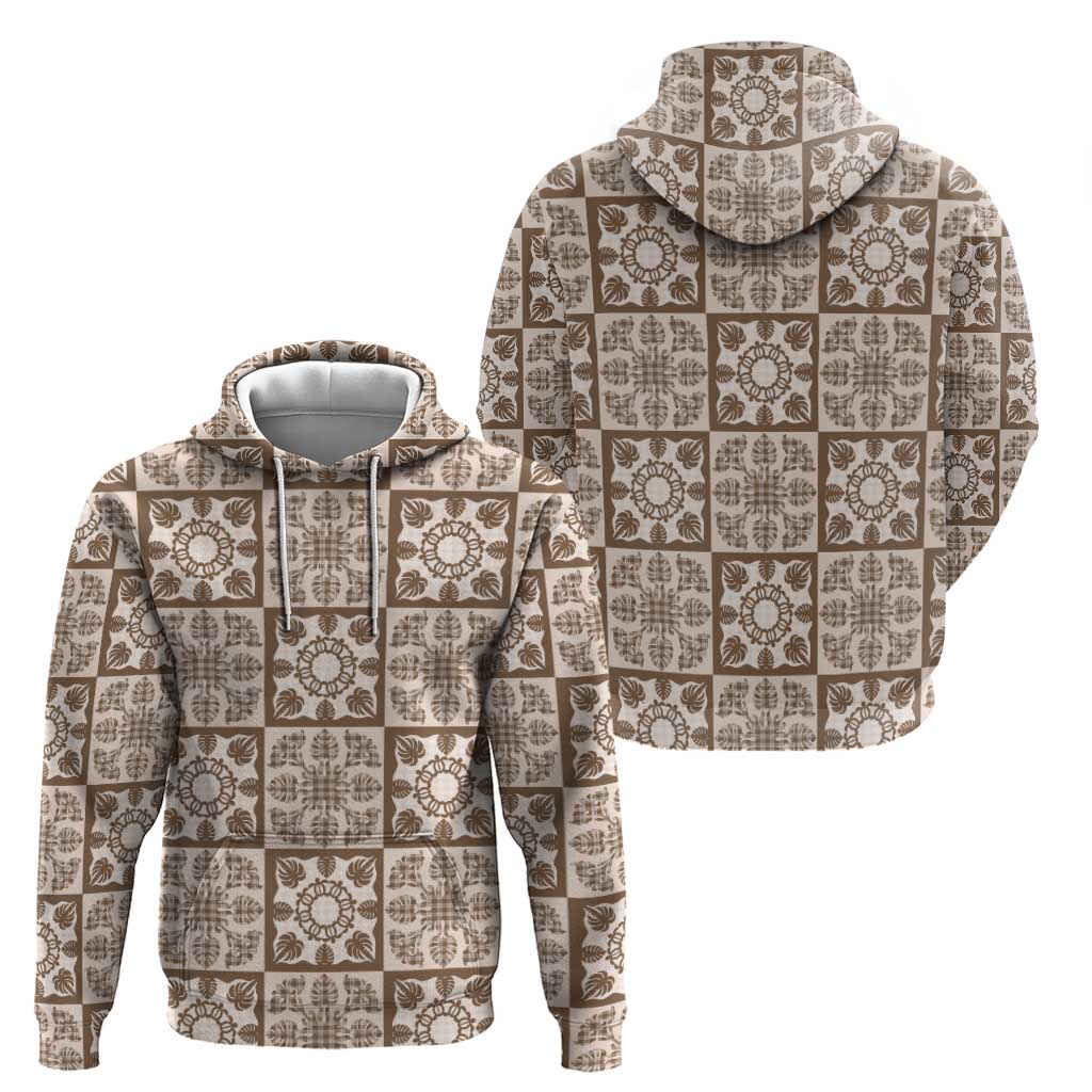 Beige Palaka Quilt Hawaii Hoodie Hawaiian Tropical Monstera Sea Turtle