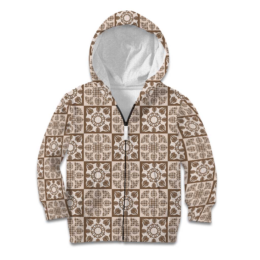 Beige Palaka Quilt Hawaii Kid Hoodie Hawaiian Tropical Monstera Sea Turtle