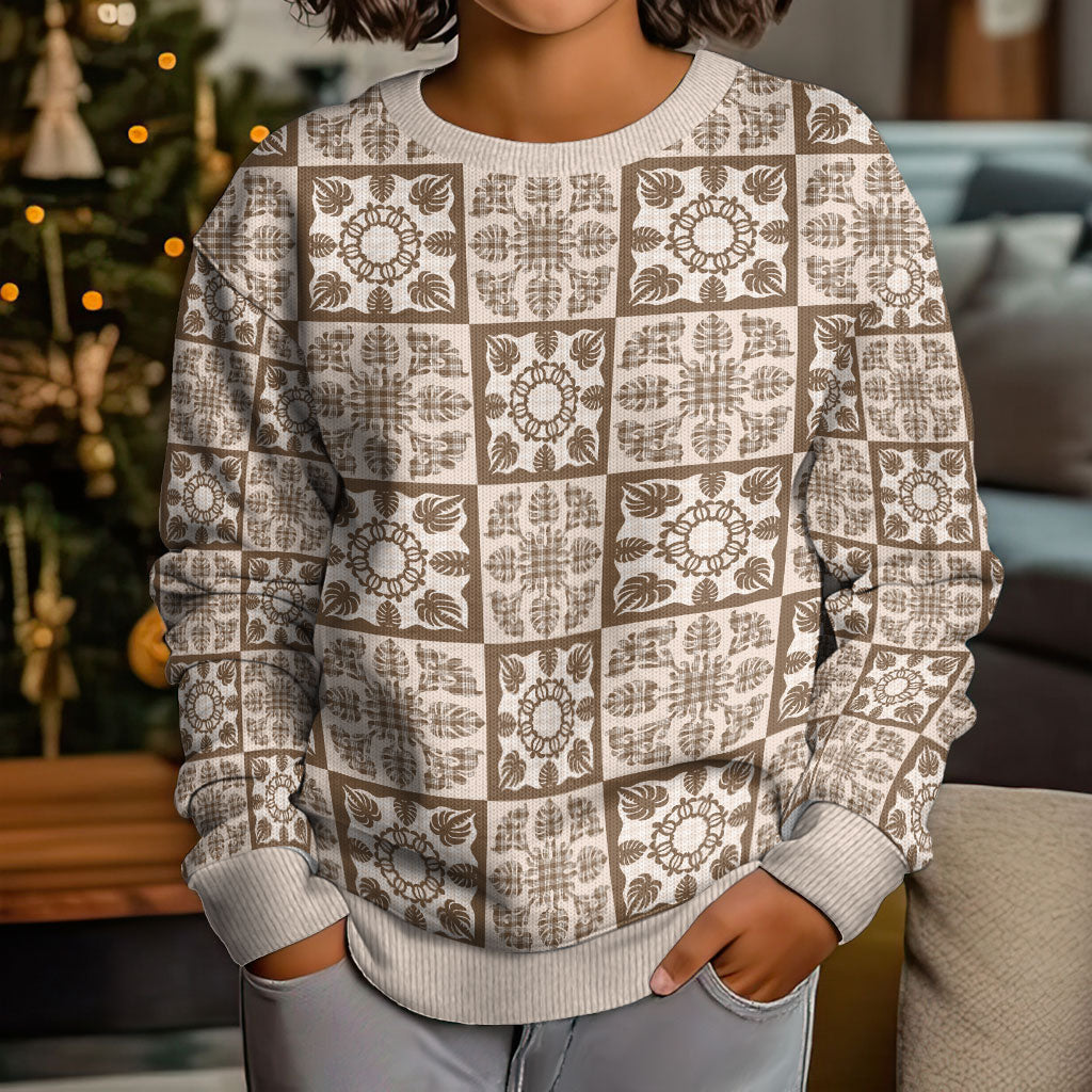 Beige Palaka Quilt Hawaii Kid Ugly Christmas Sweater Hawaiian Tropical Monstera Sea Turtle