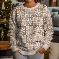 Beige Palaka Quilt Hawaii Kid Ugly Christmas Sweater Hawaiian Tropical Monstera Sea Turtle