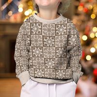 Beige Palaka Quilt Hawaii Kid Ugly Christmas Sweater Hawaiian Tropical Monstera Sea Turtle