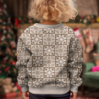 Beige Palaka Quilt Hawaii Kid Ugly Christmas Sweater Hawaiian Tropical Monstera Sea Turtle