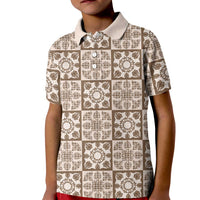 Beige Palaka Quilt Hawaii Kid Polo Shirt Hawaiian Tropical Monstera Sea Turtle