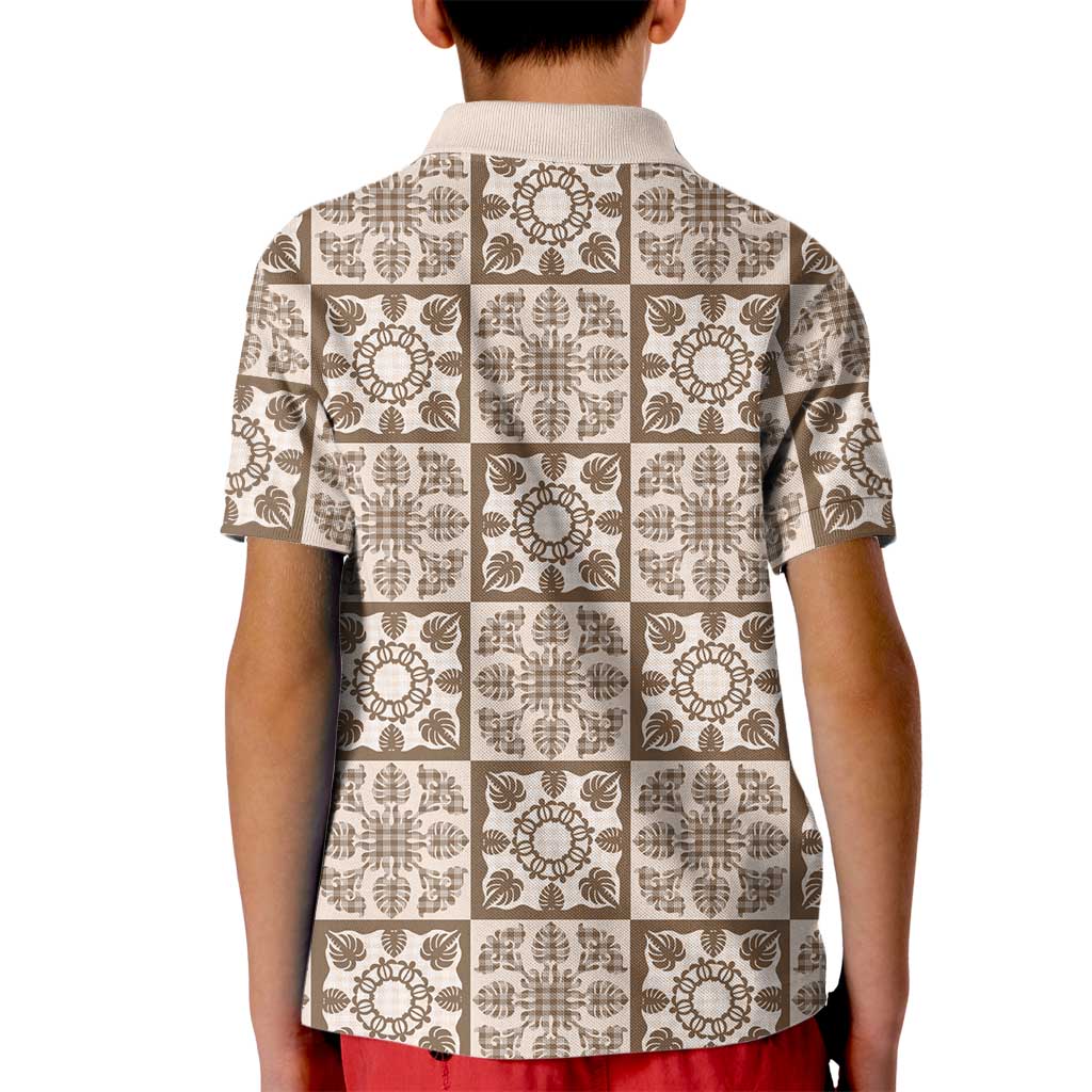 Beige Palaka Quilt Hawaii Kid Polo Shirt Hawaiian Tropical Monstera Sea Turtle