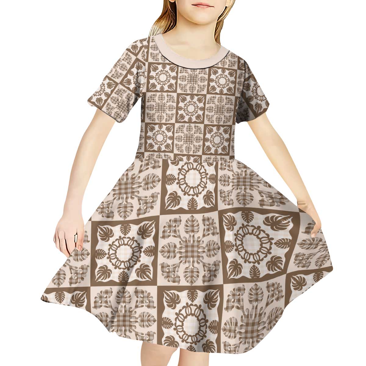 Beige Palaka Quilt Hawaii Kid Short Sleeve Dress Hawaiian Tropical Monstera Sea Turtle