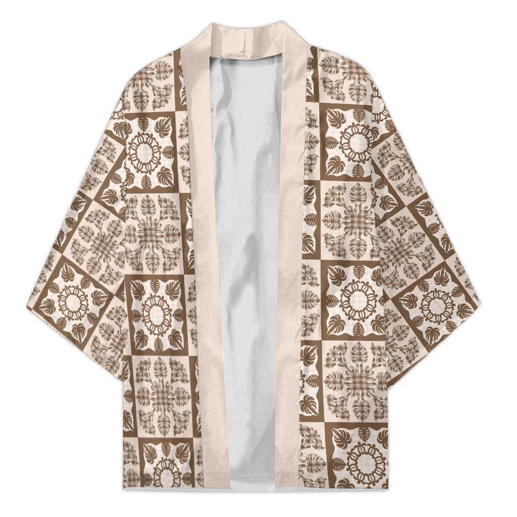 Beige Palaka Quilt Hawaii Kimono Hawaiian Tropical Monstera Sea Turtle