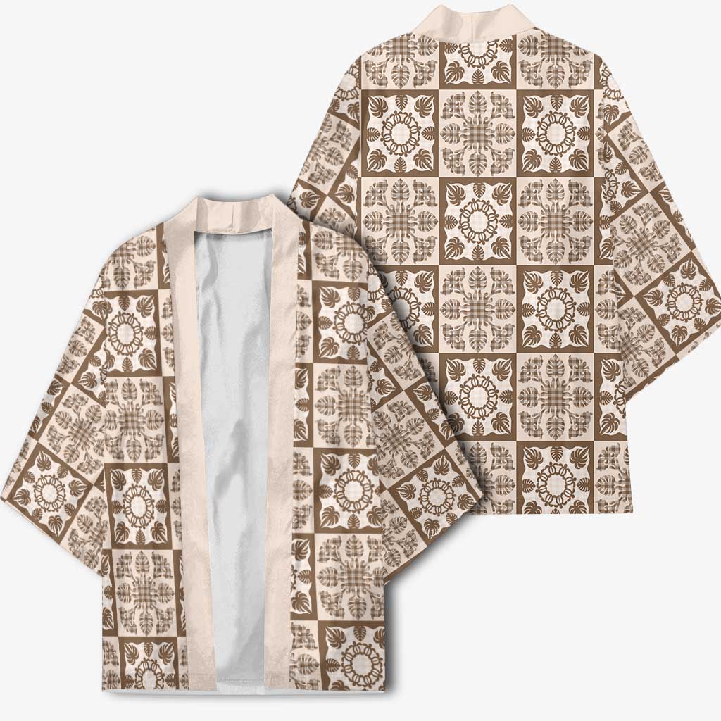 Beige Palaka Quilt Hawaii Kimono Hawaiian Tropical Monstera Sea Turtle