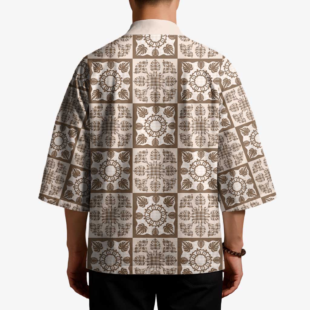 Beige Palaka Quilt Hawaii Kimono Hawaiian Tropical Monstera Sea Turtle