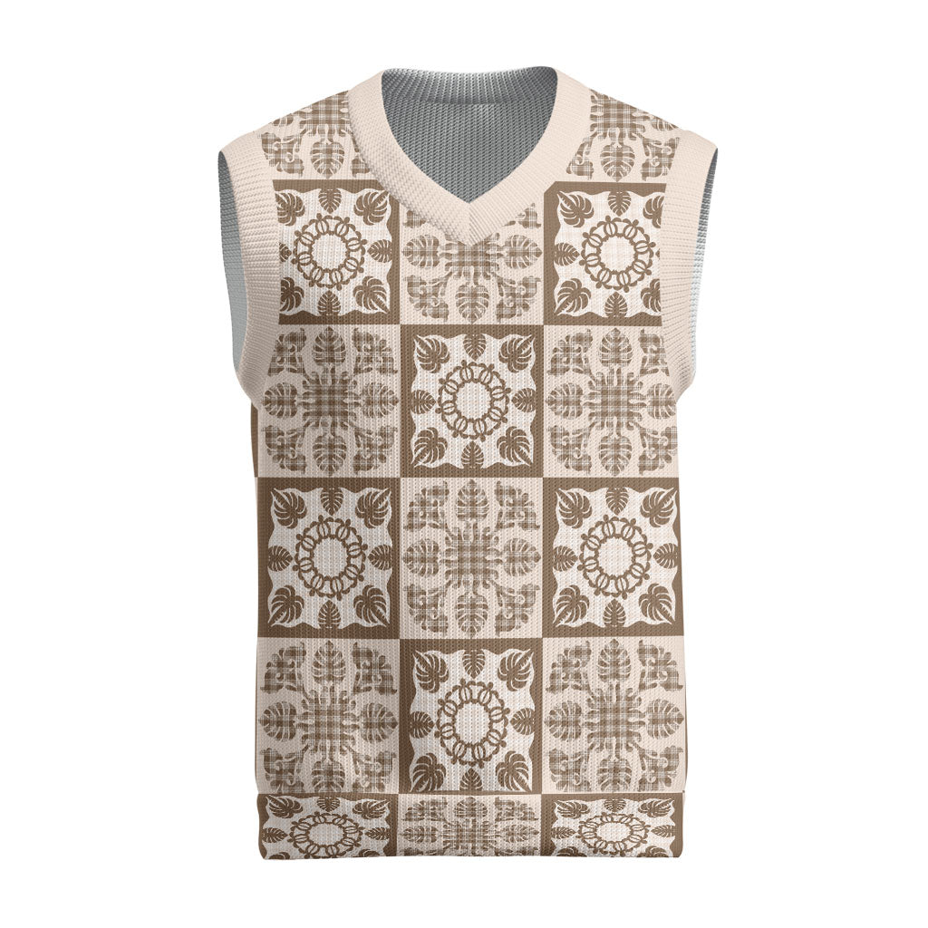 Beige Palaka Quilt Hawaii Christmas Knitted V-Neck Vest Hawaiian Tropical Monstera Sea Turtle