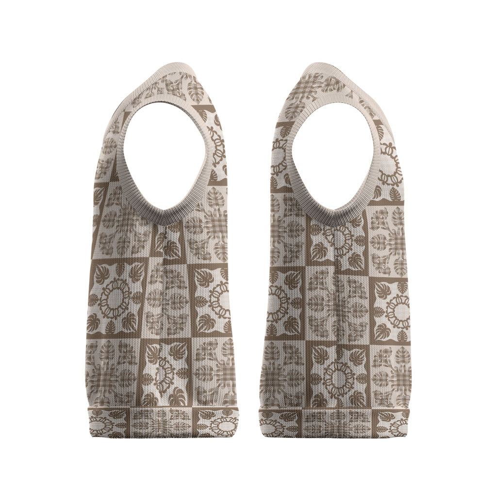 Beige Palaka Quilt Hawaii Christmas Knitted V-Neck Vest Hawaiian Tropical Monstera Sea Turtle