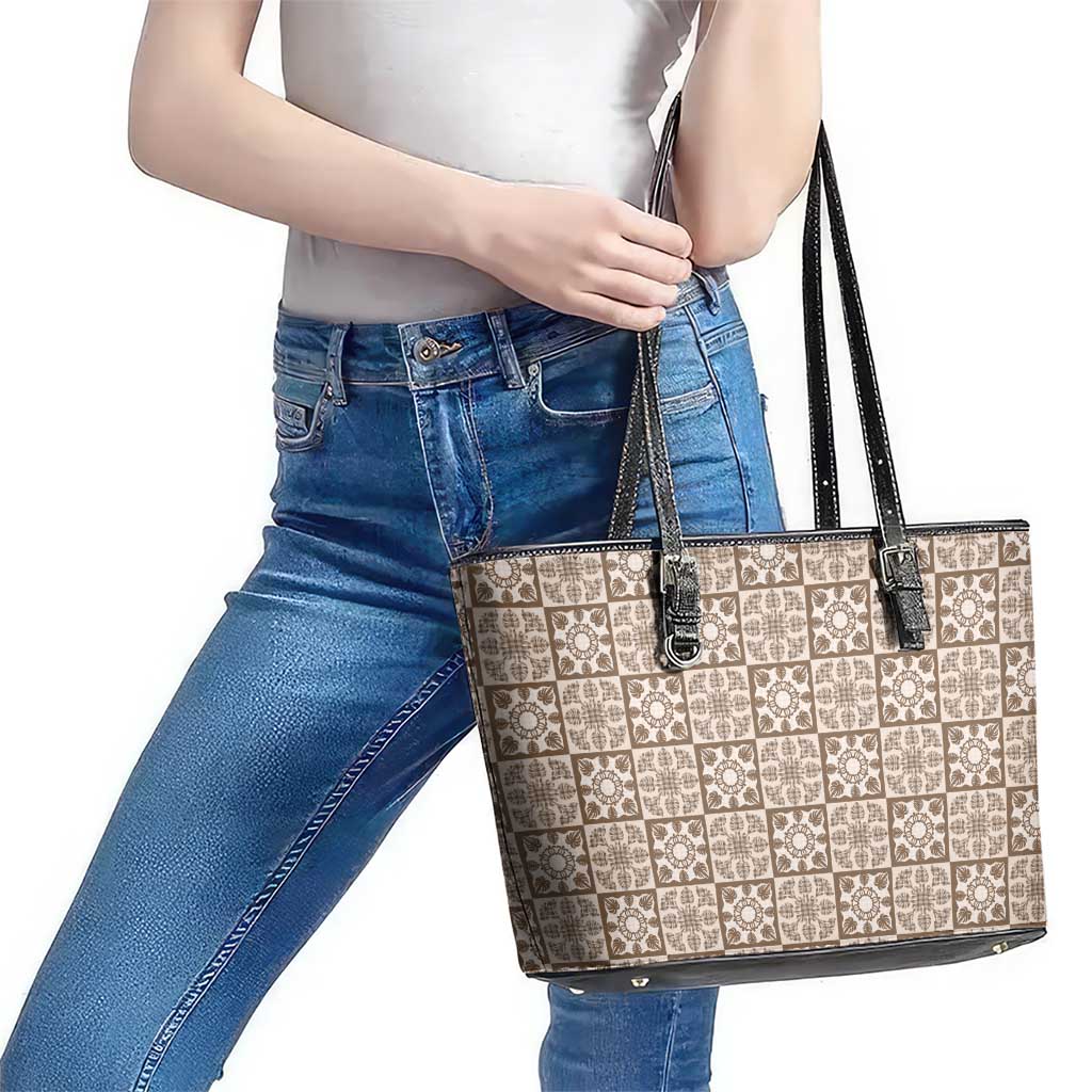 Beige Palaka Quilt Hawaii Leather Tote Bag Hawaiian Tropical Monstera Sea Turtle