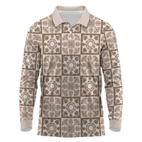 Beige Palaka Quilt Hawaii Long Sleeve Polo Shirt Hawaiian Tropical Monstera Sea Turtle