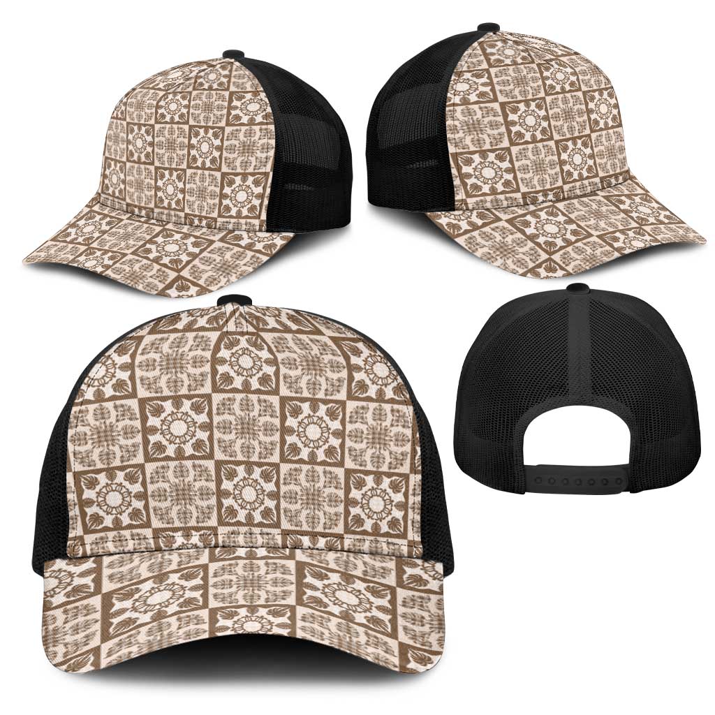 Beige Palaka Quilt Hawaii Mesh Trucker Cap Hawaiian Tropical Monstera Sea Turtle