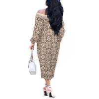 Beige Palaka Quilt Hawaii Off The Shoulder Long Sleeve Dress Hawaiian Tropical Monstera Sea Turtle