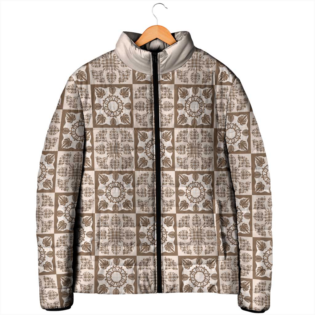 Beige Palaka Quilt Hawaii Padded Jacket Hawaiian Tropical Monstera Sea Turtle