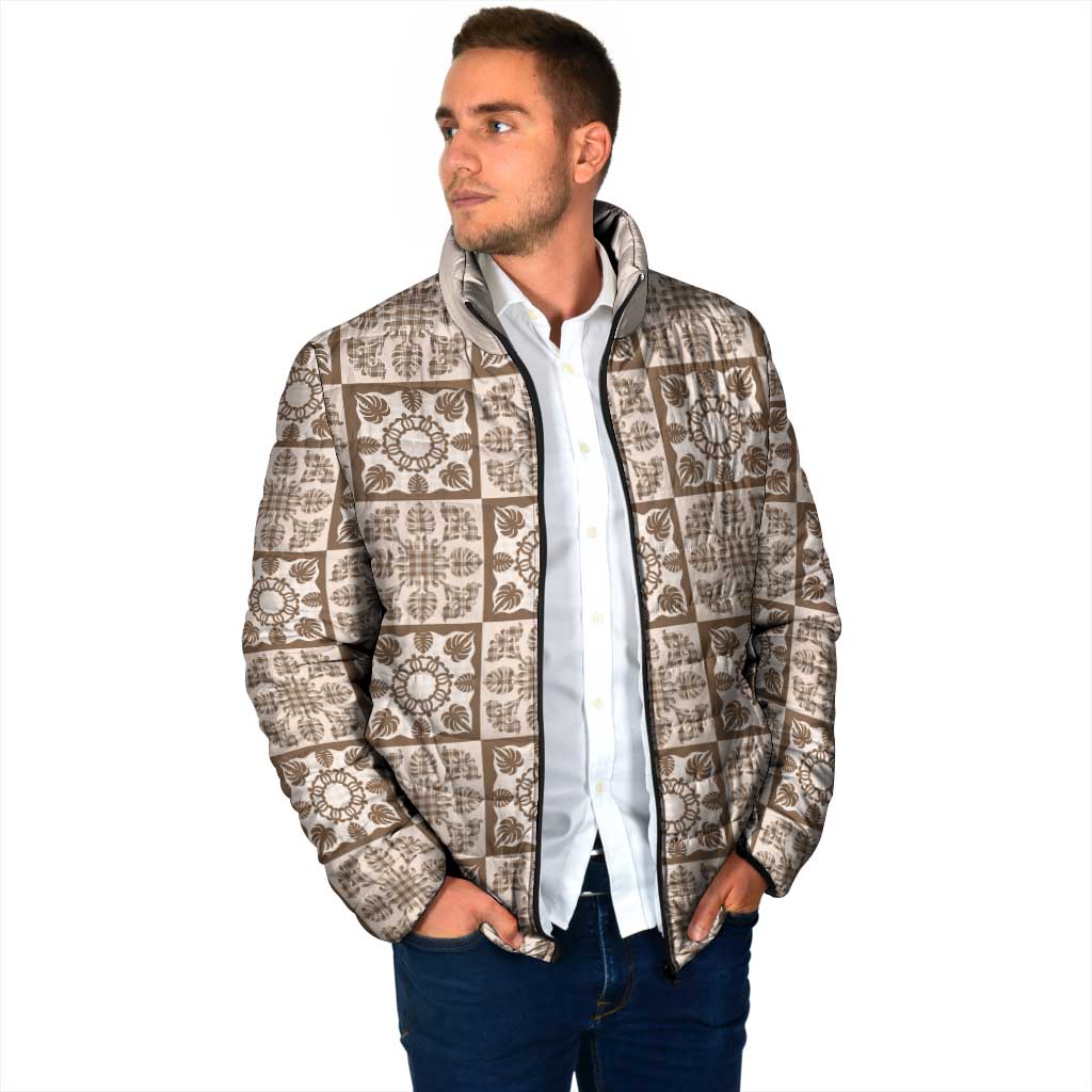 Beige Palaka Quilt Hawaii Padded Jacket Hawaiian Tropical Monstera Sea Turtle