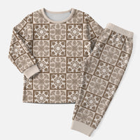 Beige Palaka Quilt Hawaii Christmas Pajama Set Hawaiian Tropical Monstera Sea Turtle