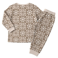 Beige Palaka Quilt Hawaii Christmas Pajama Set Hawaiian Tropical Monstera Sea Turtle