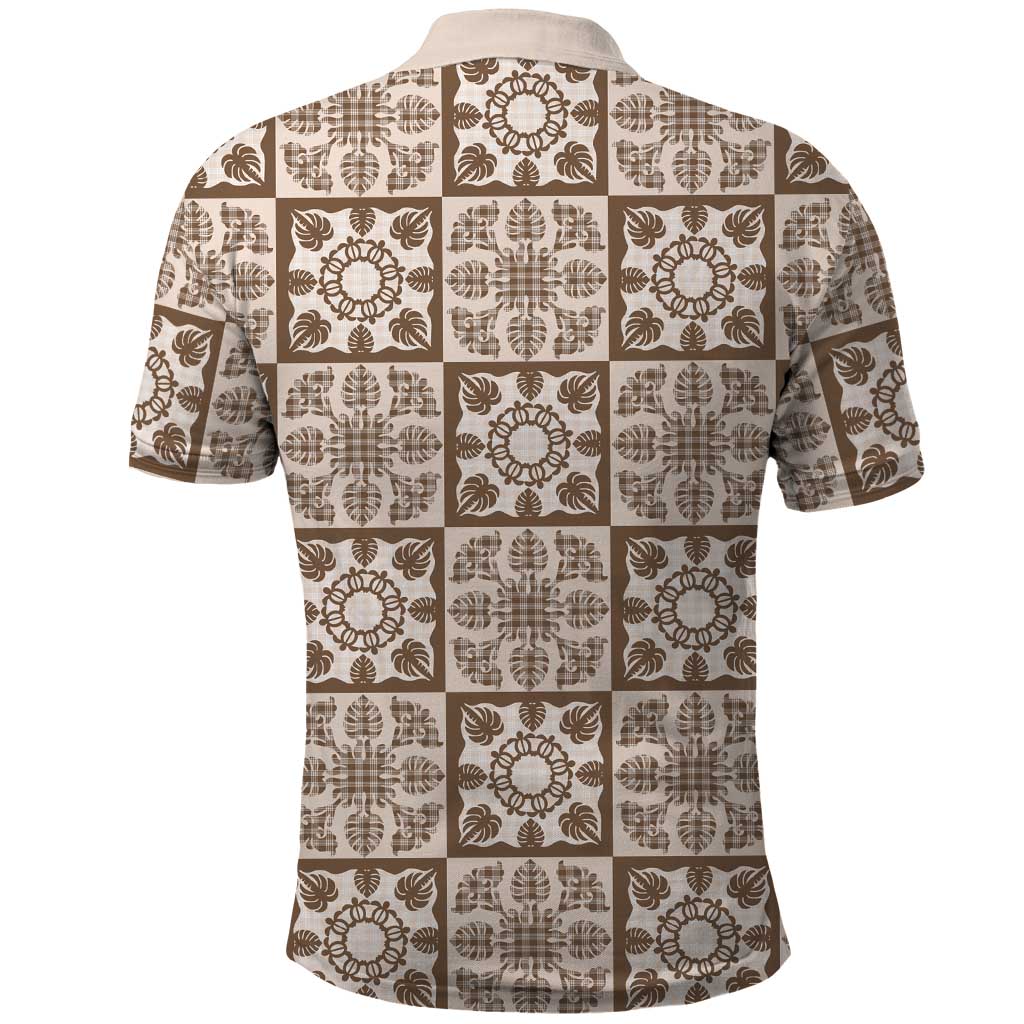 Beige Palaka Quilt Hawaii Polo Shirt Hawaiian Tropical Monstera Sea Turtle