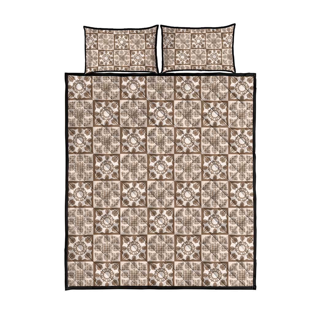 Beige Palaka Quilt Hawaii Quilt Bed Set Hawaiian Tropical Monstera Sea Turtle