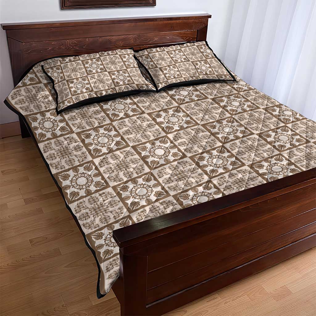 Beige Palaka Quilt Hawaii Quilt Bed Set Hawaiian Tropical Monstera Sea Turtle