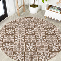 Beige Palaka Quilt Hawaii Round Carpet Hawaiian Tropical Monstera Sea Turtle