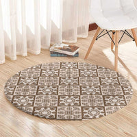 Beige Palaka Quilt Hawaii Round Carpet Hawaiian Tropical Monstera Sea Turtle