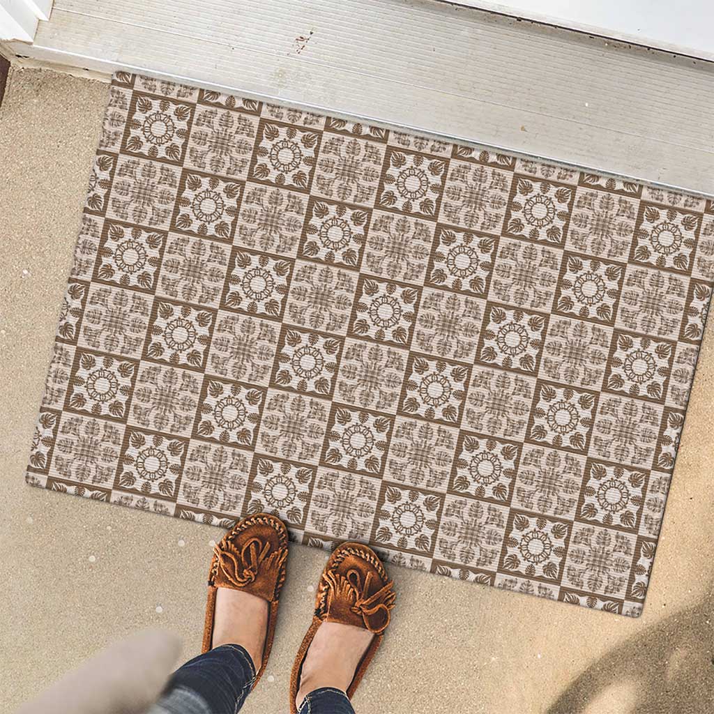 Beige Palaka Quilt Hawaii Rubber Doormat Hawaiian Tropical Monstera Sea Turtle