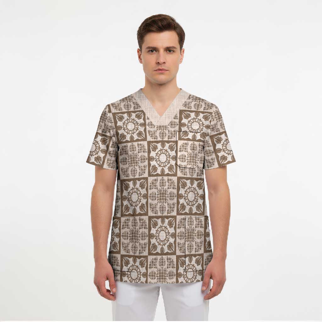 Beige Palaka Quilt Hawaii Scrub Top Hawaiian Tropical Monstera Sea Turtle