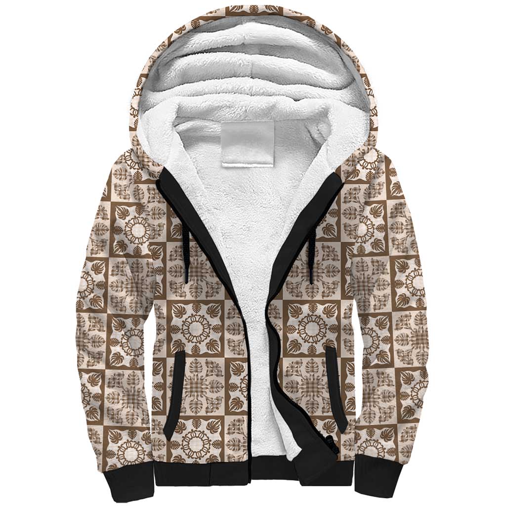 Beige Palaka Quilt Hawaii Sherpa Hoodie Hawaiian Tropical Monstera Sea Turtle