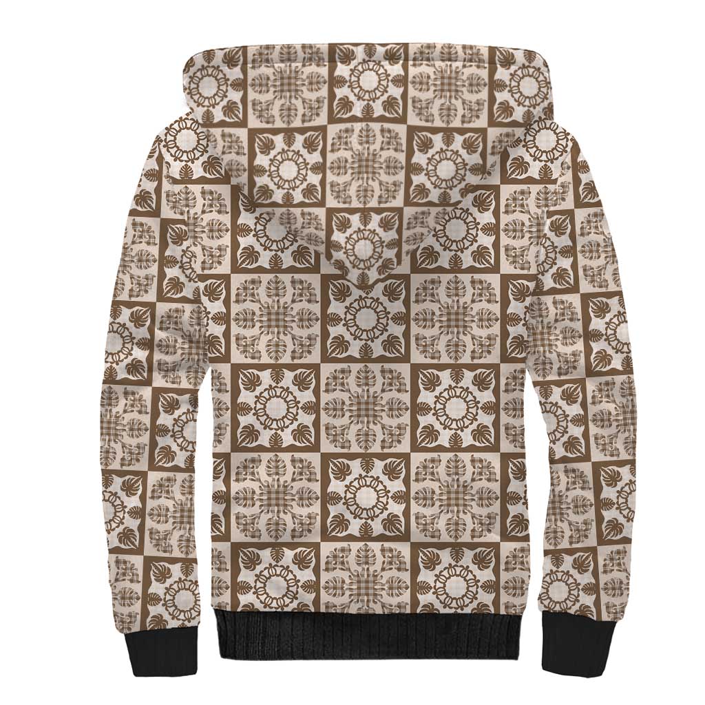 Beige Palaka Quilt Hawaii Sherpa Hoodie Hawaiian Tropical Monstera Sea Turtle