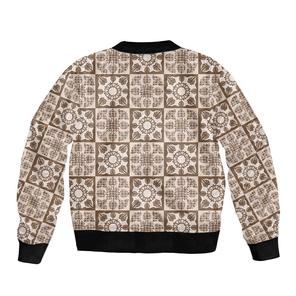 Beige Palaka Quilt Hawaii Sleeve Zip Bomber Jacket Hawaiian Tropical Monstera Sea Turtle