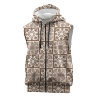 Beige Palaka Quilt Hawaii Sleeveless Zip Hoodie Hawaiian Tropical Monstera Sea Turtle