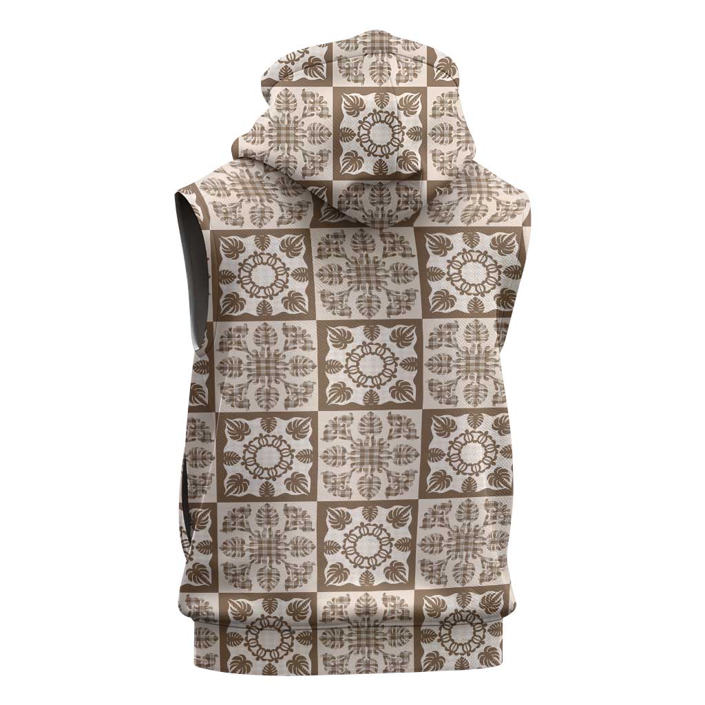 Beige Palaka Quilt Hawaii Sleeveless Zip Hoodie Hawaiian Tropical Monstera Sea Turtle
