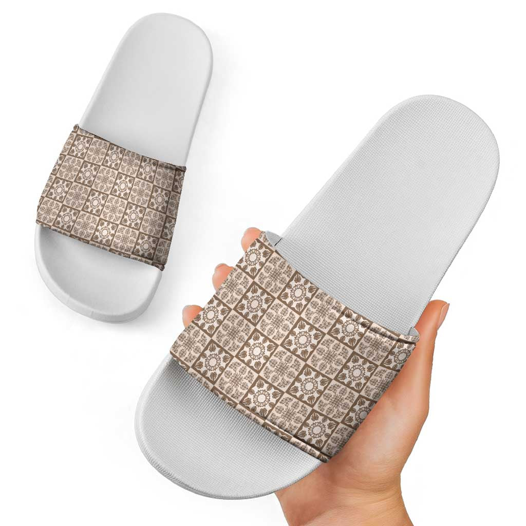 Beige Palaka Quilt Hawaii Slide Sandals Hawaiian Tropical Monstera Sea Turtle