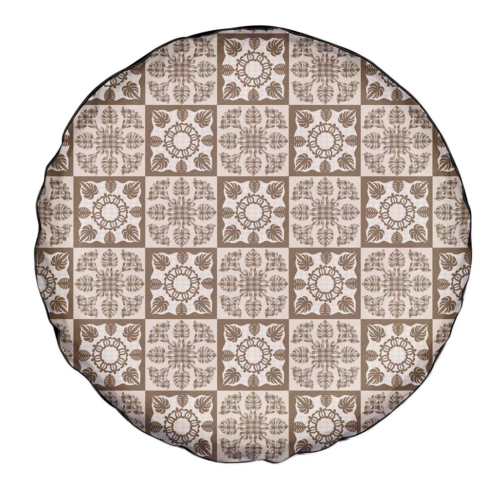 Beige Palaka Quilt Hawaii Spare Tire Cover Hawaiian Tropical Monstera Sea Turtle