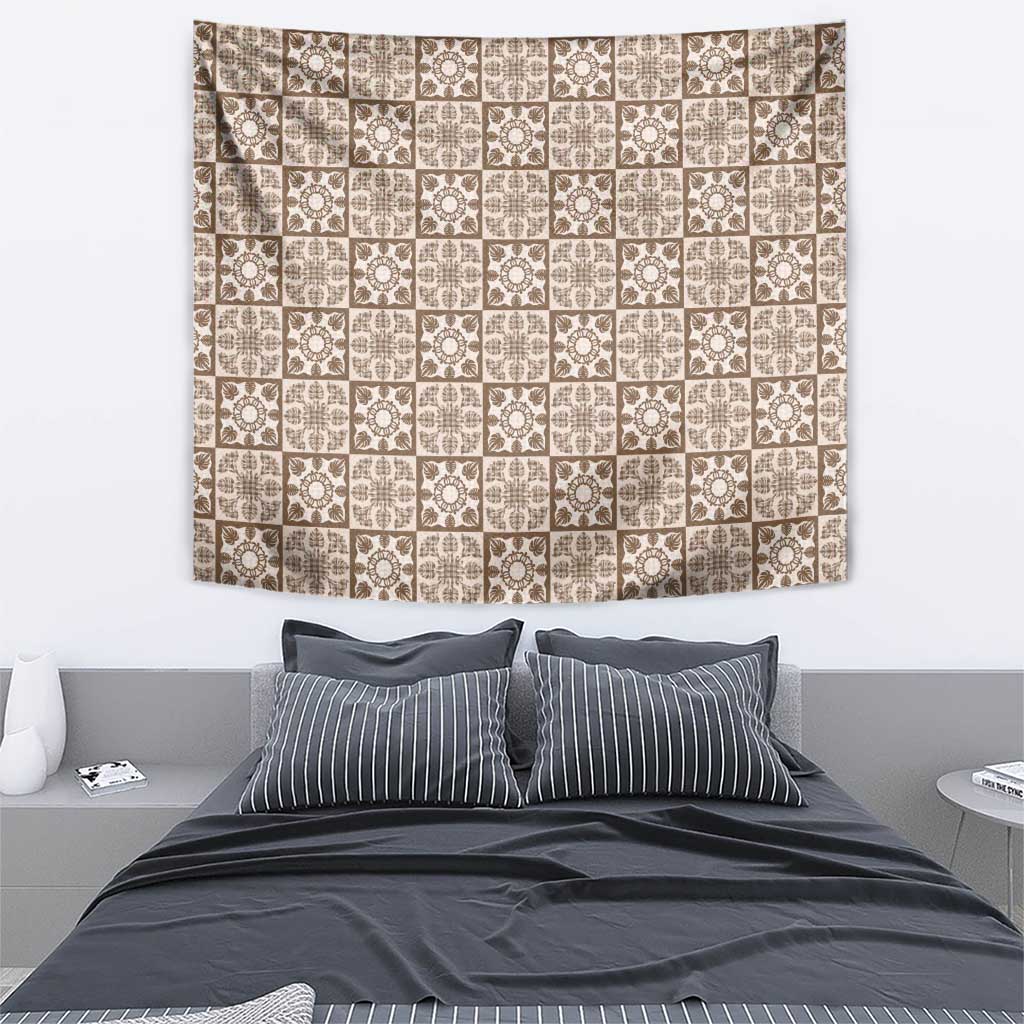 Beige Palaka Quilt Hawaii Tapestry Hawaiian Tropical Monstera Sea Turtle