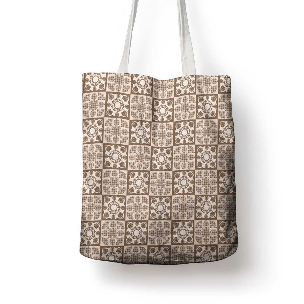 Beige Palaka Quilt Hawaii Tote Bag Hawaiian Tropical Monstera Sea Turtle