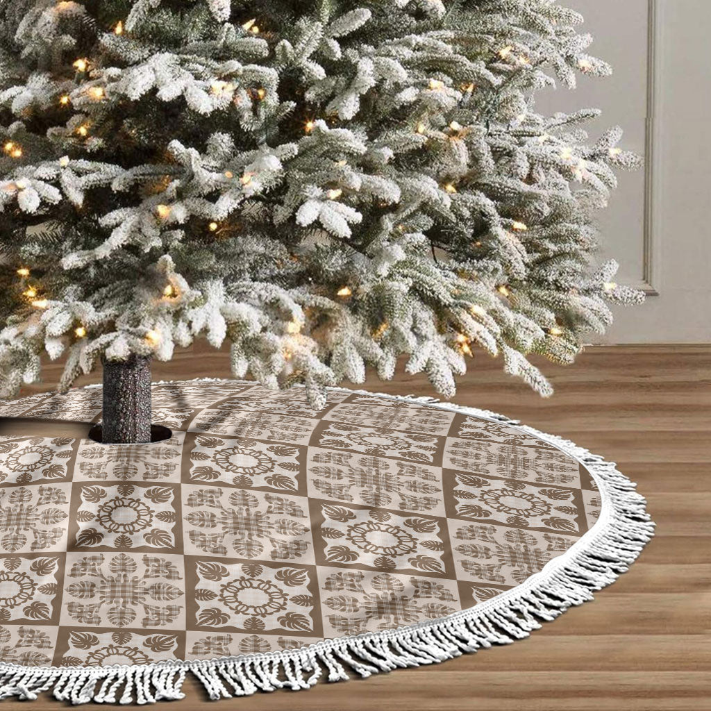 Beige Palaka Quilt Hawaii Tree Skirt Hawaiian Tropical Monstera Sea Turtle