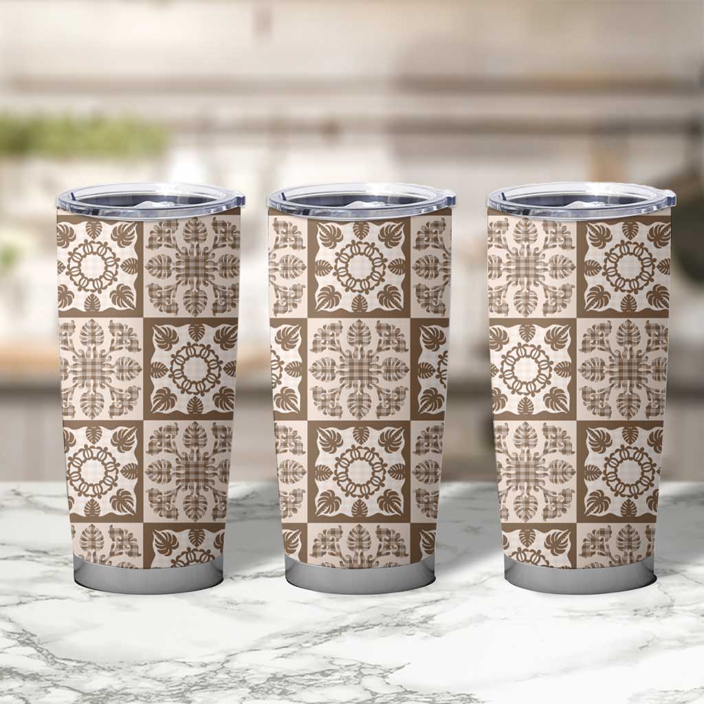 Beige Palaka Quilt Hawaii Tumbler Cup Hawaiian Tropical Monstera Sea Turtle