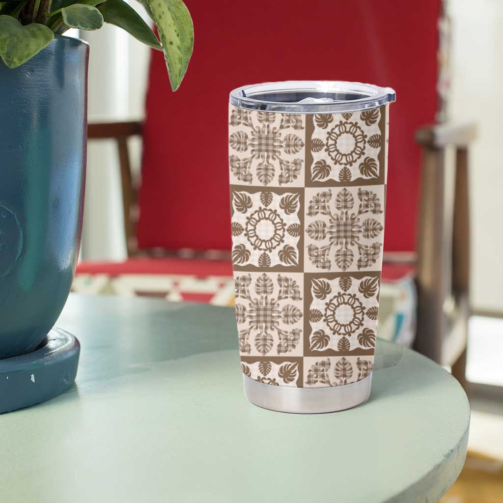 Beige Palaka Quilt Hawaii Tumbler Cup Hawaiian Tropical Monstera Sea Turtle
