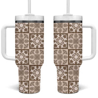 Beige Palaka Quilt Hawaii Tumbler With Handle Hawaiian Tropical Monstera Sea Turtle