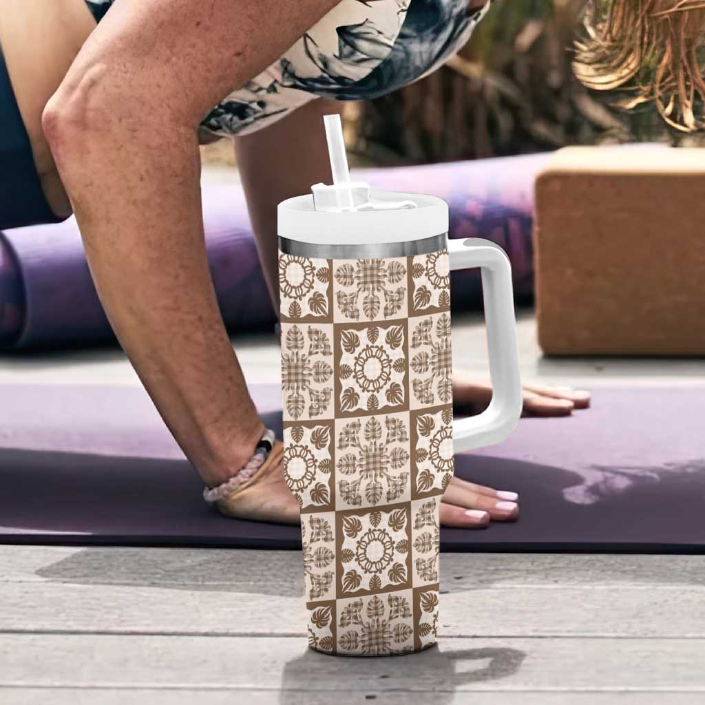 Beige Palaka Quilt Hawaii Tumbler With Handle Hawaiian Tropical Monstera Sea Turtle