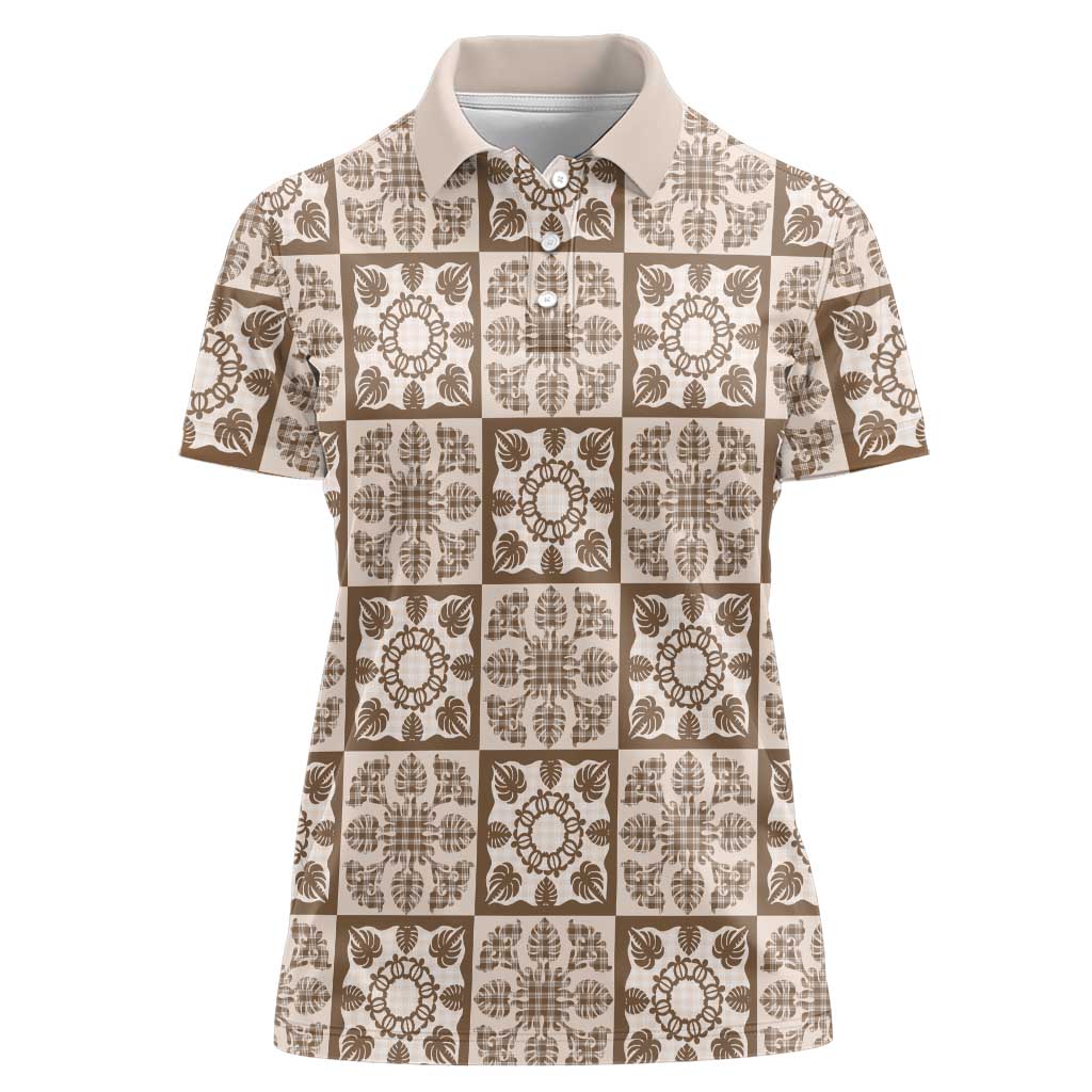 Beige Palaka Quilt Hawaii Women Polo Shirt Hawaiian Tropical Monstera Sea Turtle