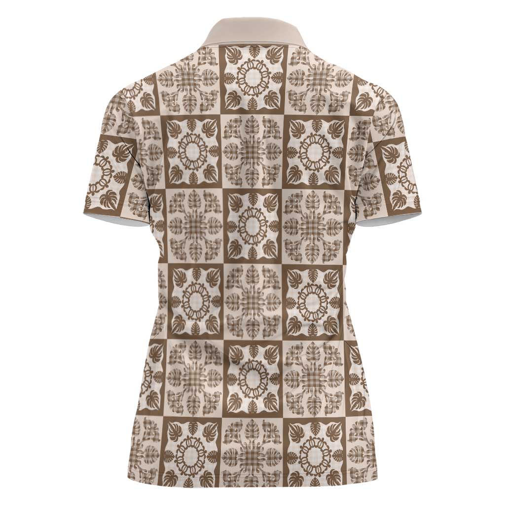 Beige Palaka Quilt Hawaii Women Polo Shirt Hawaiian Tropical Monstera Sea Turtle