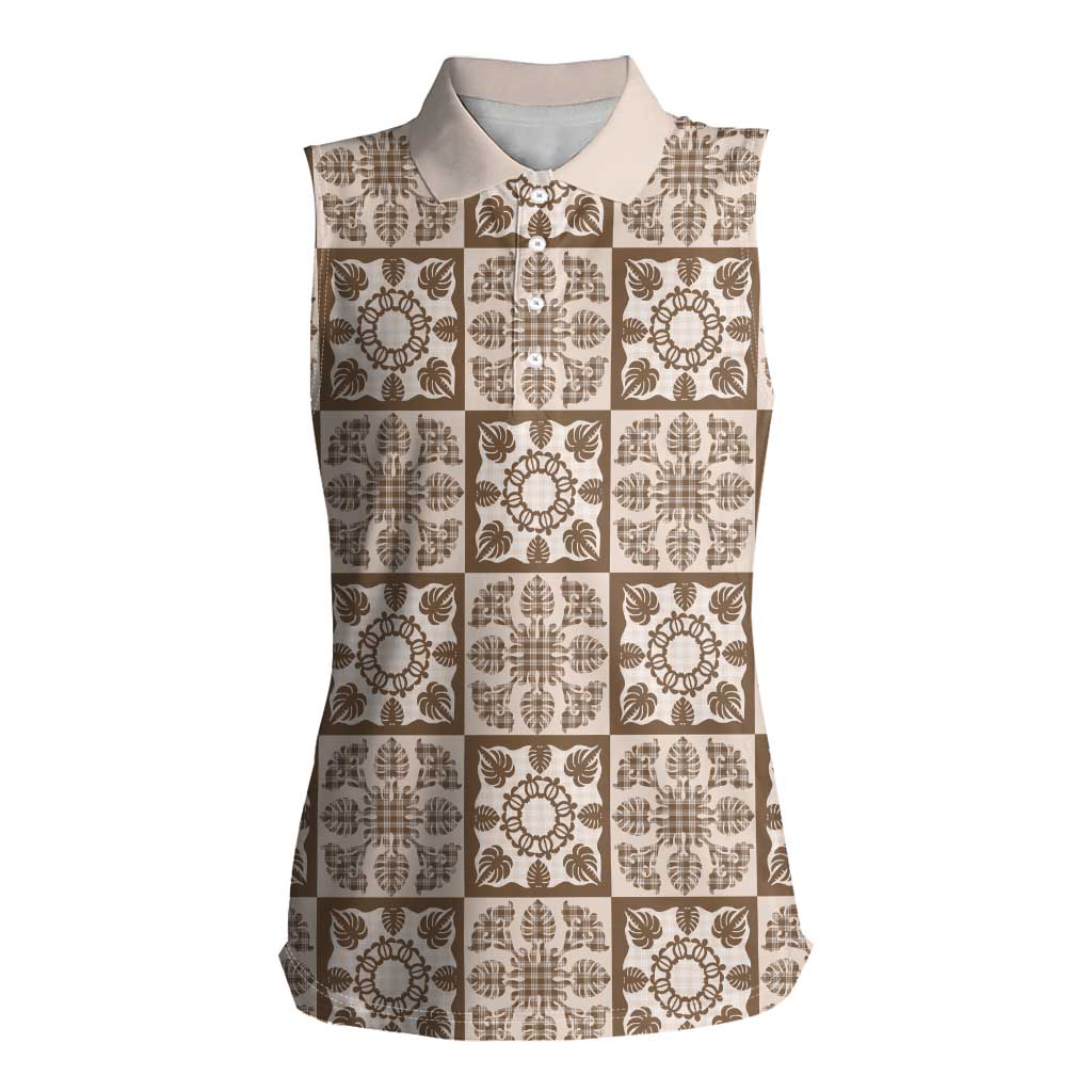 Beige Palaka Quilt Hawaii Women Sleeveless Polo Shirt Hawaiian Tropical Monstera Sea Turtle
