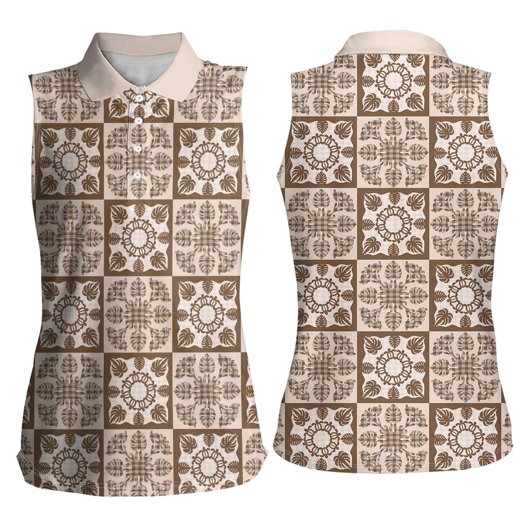 Beige Palaka Quilt Hawaii Women Sleeveless Polo Shirt Hawaiian Tropical Monstera Sea Turtle