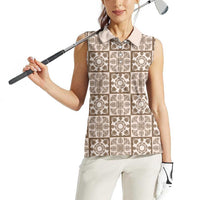 Beige Palaka Quilt Hawaii Women Sleeveless Polo Shirt Hawaiian Tropical Monstera Sea Turtle
