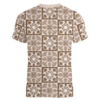 Beige Palaka Quilt Hawaii Women V-Neck T-Shirt Hawaiian Tropical Monstera Sea Turtle