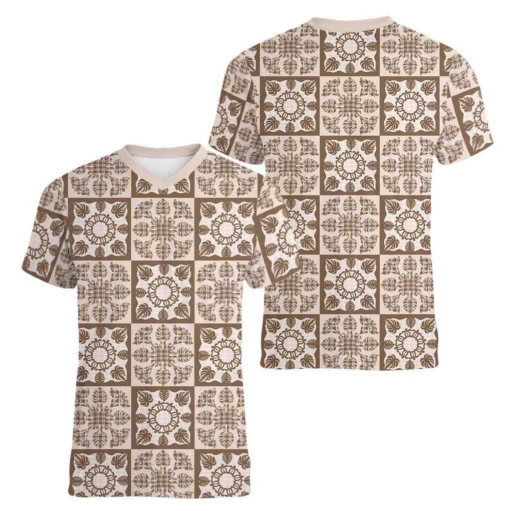 Beige Palaka Quilt Hawaii Women V-Neck T-Shirt Hawaiian Tropical Monstera Sea Turtle